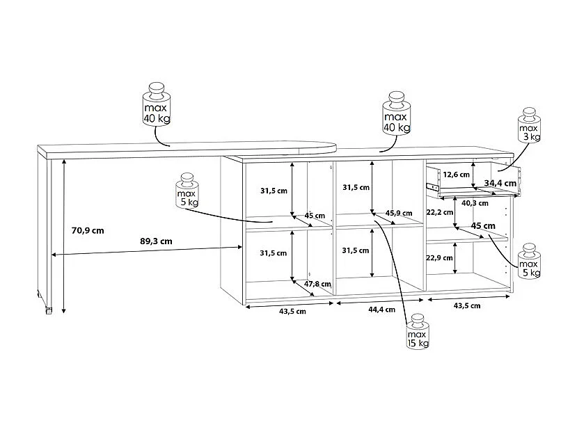 Bureau d'angle rotatif 144 cm à 232 cm décor bois et blanc - ALKIRA