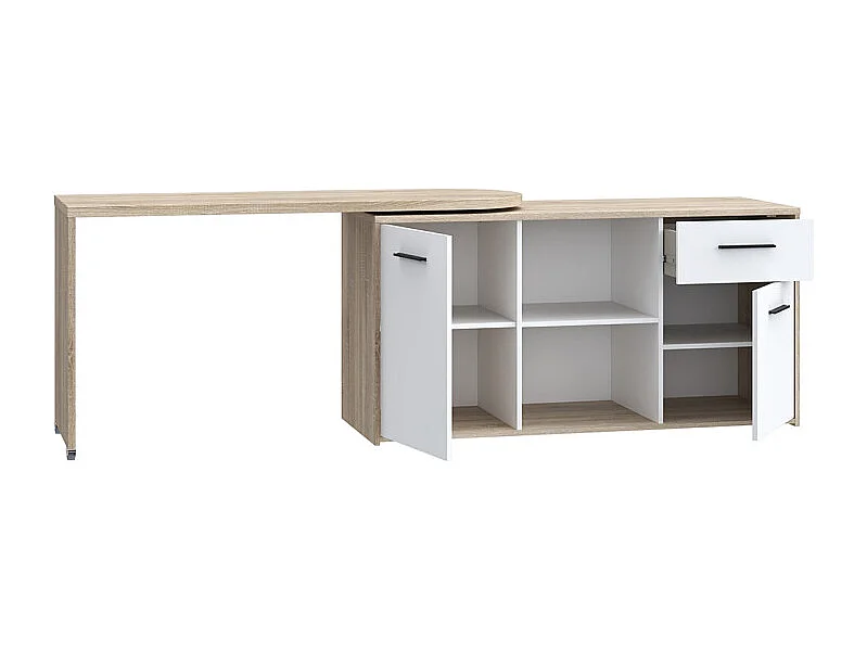 Bureau d'angle rotatif 144 cm à 232 cm décor bois et blanc - ALKIRA