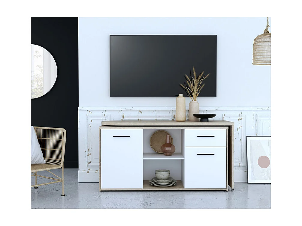 Bureau d'angle rotatif 144 cm à 232 cm décor bois et blanc - ALKIRA