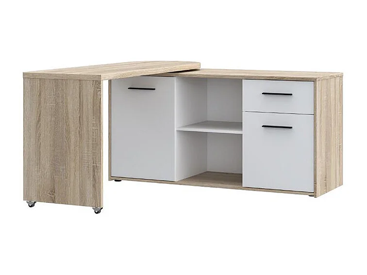Bureau d'angle rotatif 144 cm à 232 cm décor bois et blanc - ALKIRA