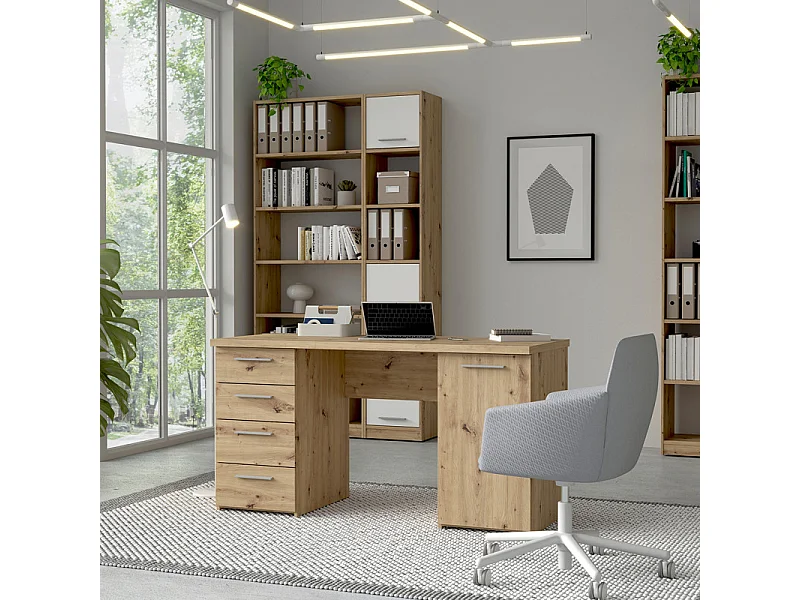Bureau droit 145 cm 1 porte 4 tiroirs décor chêne rustique - MARIE