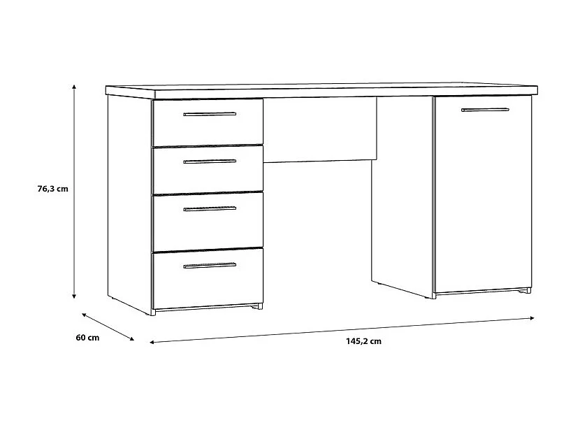 Bureau droit 145 cm 1 porte 4 tiroirs décor chêne rustique - MARIE
