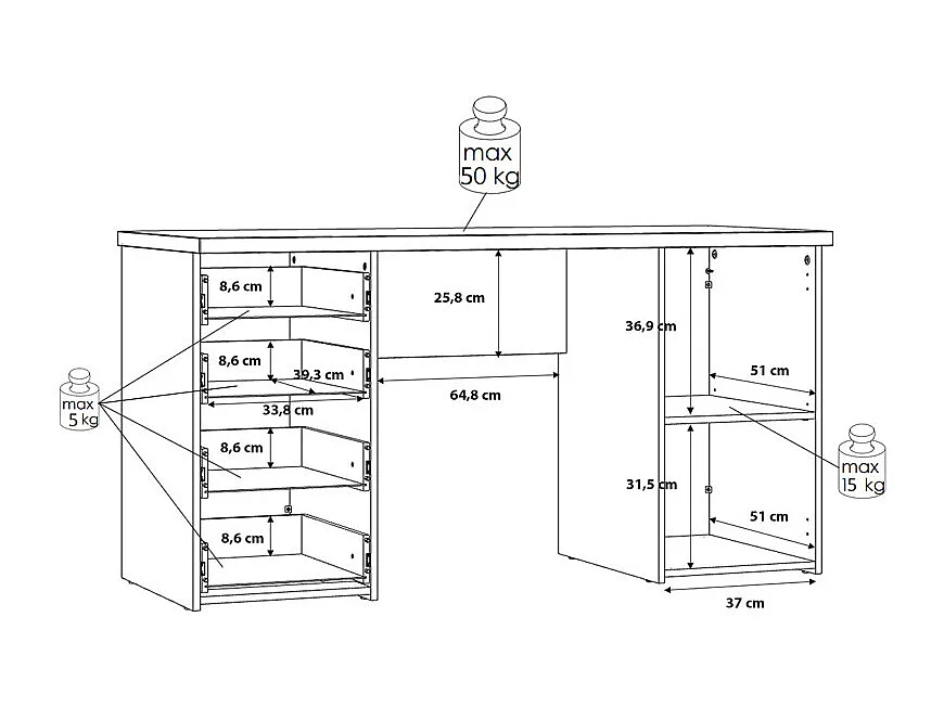 Bureau droit 145 cm 1 porte 4 tiroirs décor chêne rustique - MARIE
