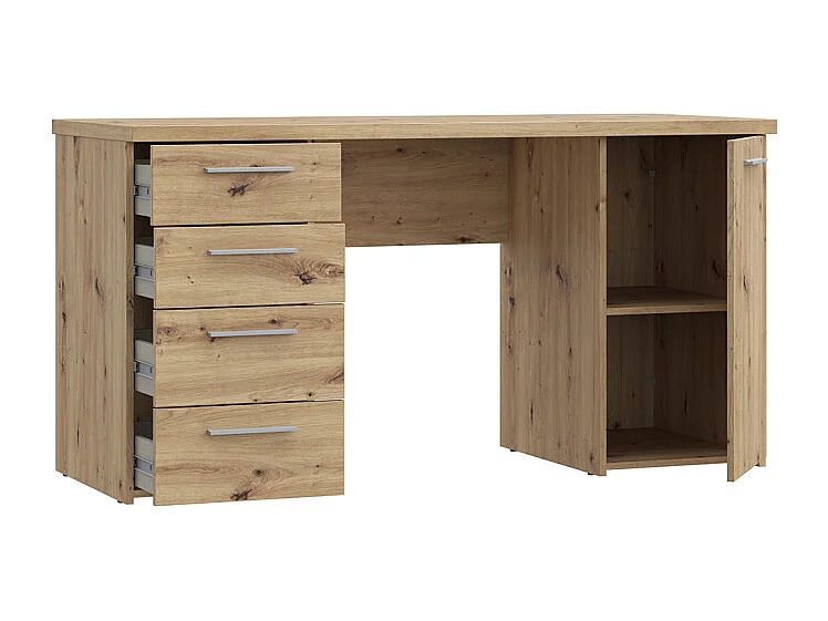 Bureau droit 145 cm 1 porte 4 tiroirs décor chêne rustique - MARIE
