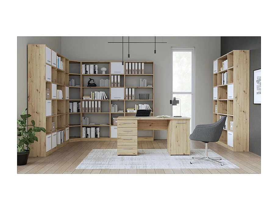Bureau droit 145 cm 1 porte 4 tiroirs décor chêne rustique - MARIE