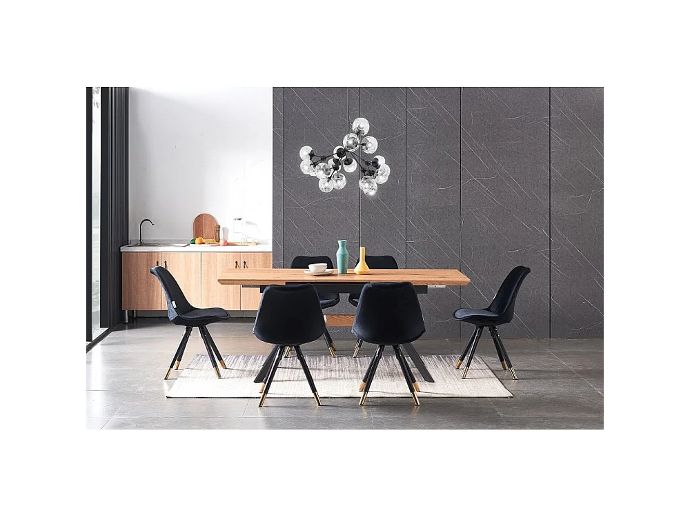 SOFIA BLAZE - Ensemble Table à Manger Extensible Coloris Chêne + 6 Chaises en Velours Noir