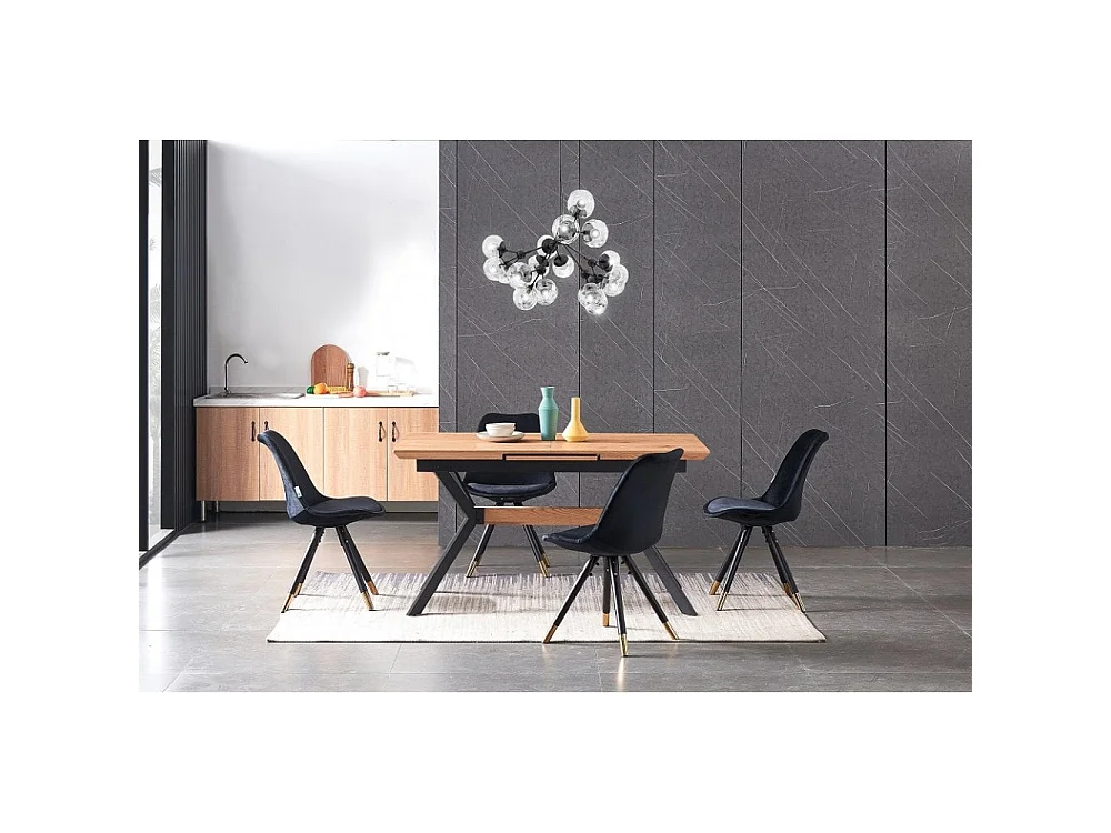 SOFIA BLAZE - Ensemble Table à Manger Extensible Coloris Chêne + 6 Chaises en Velours Noir