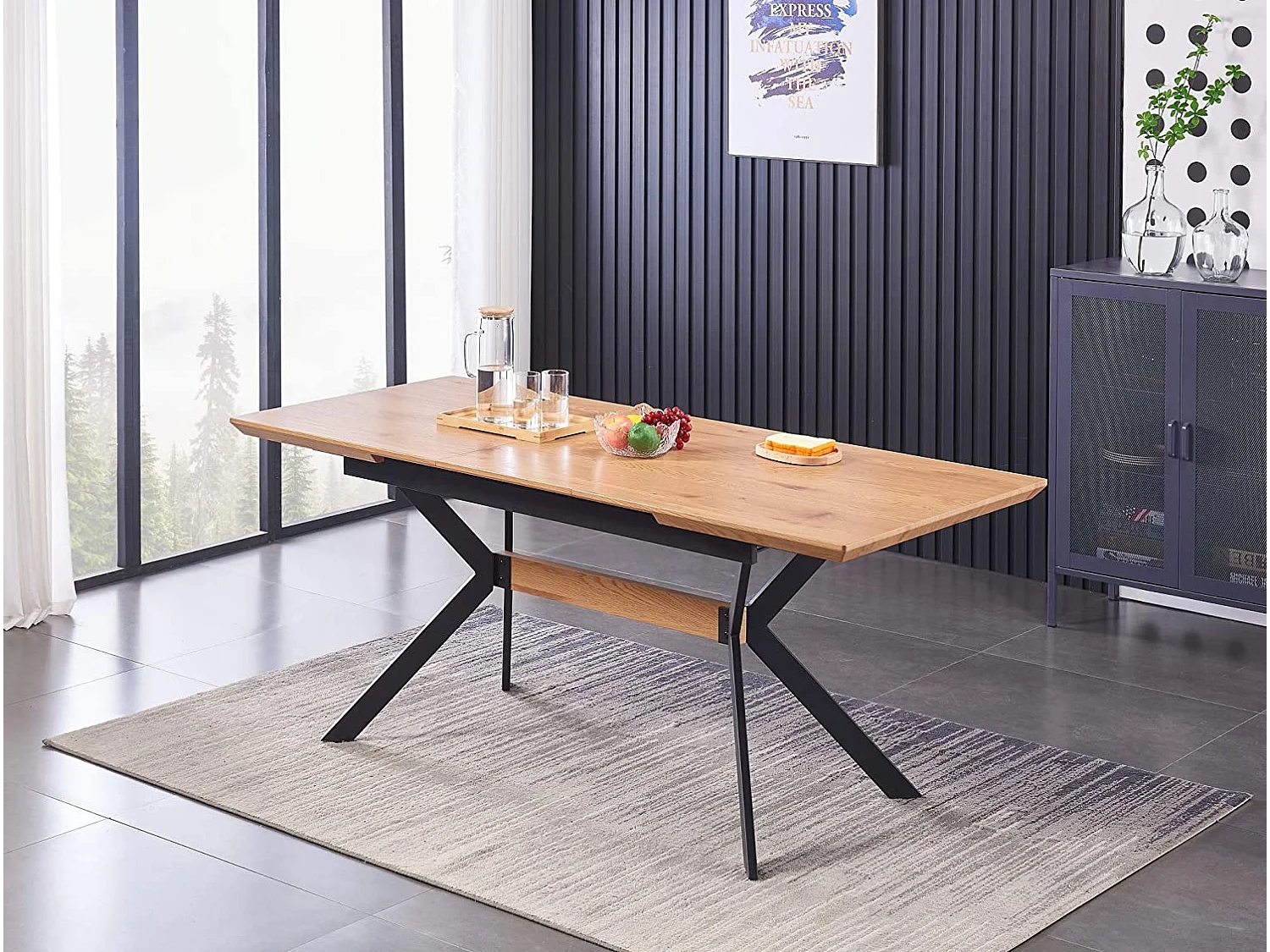 SOFIA BLAZE - Ensemble Table à Manger Extensible Coloris Chêne + 6 Chaises en Velours Noir