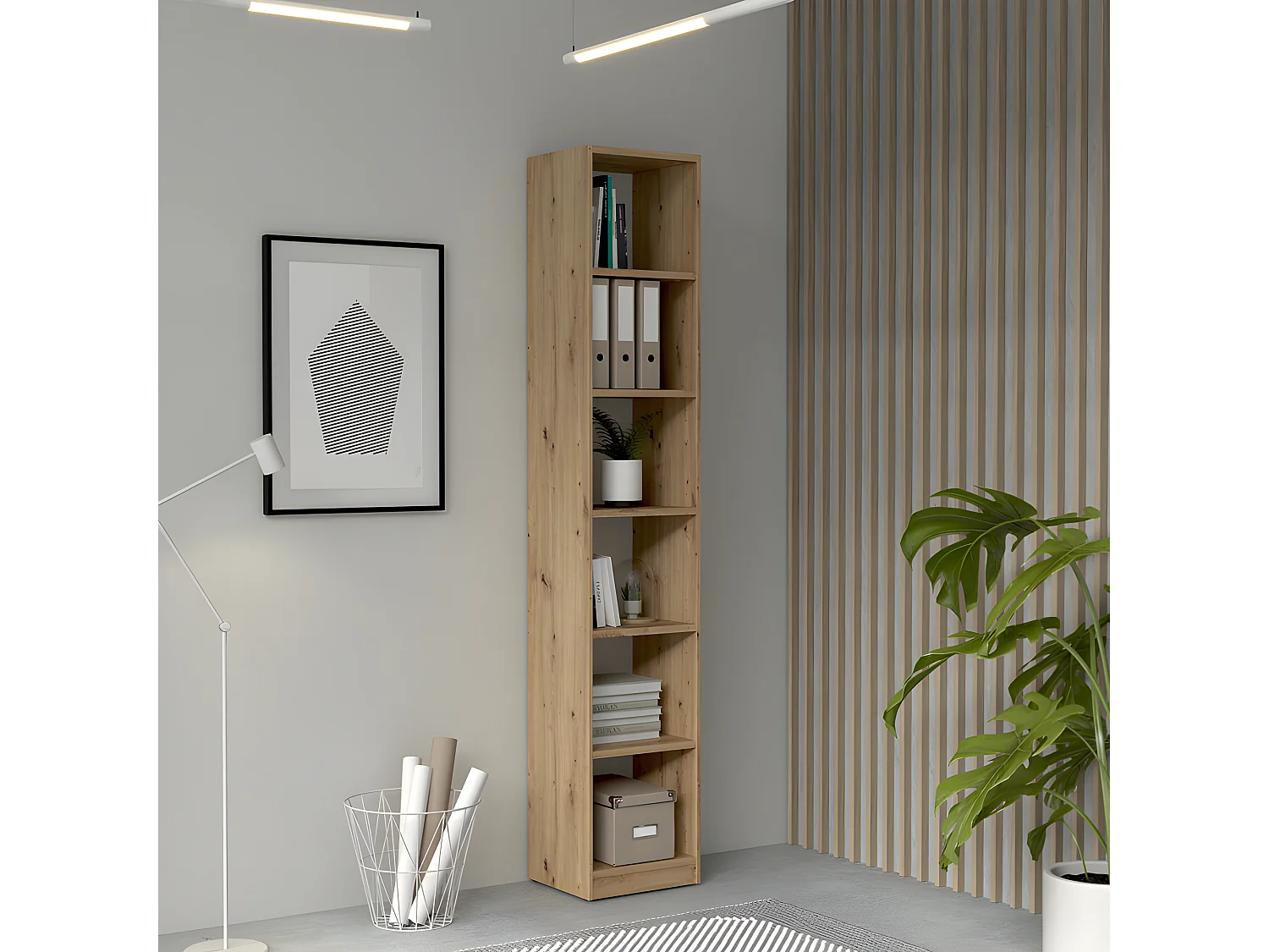 Etagère colonne 40 x 220 cm 5 tablettes décor chêne rustique - MARIE