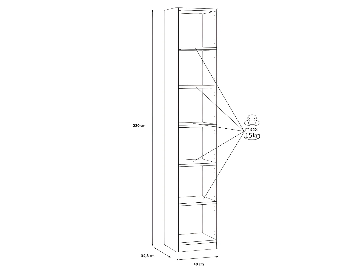 Etagère colonne 40 x 220 cm 5 tablettes décor chêne rustique - MARIE