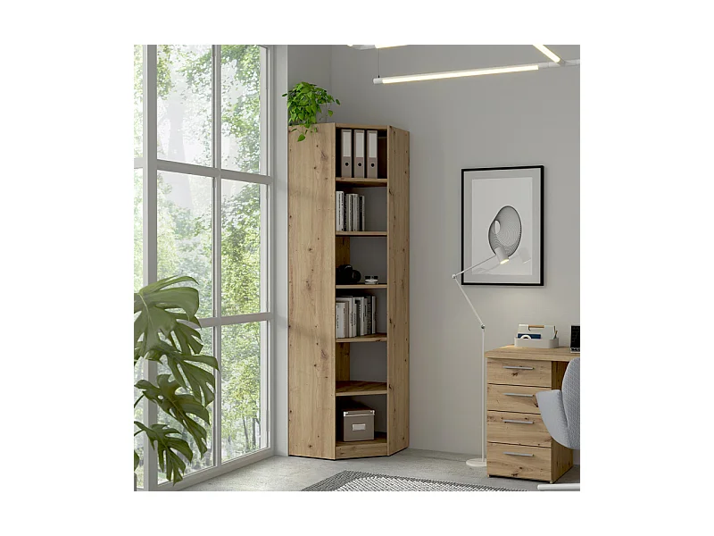 Etagère d'angle 62 x 220 cm 5 tablettes décor chêne rustique - MARIE