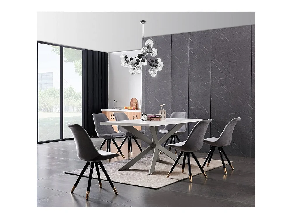 SOFIA DUKE - Ensemble Table à Manger Blanche + 6 Chaises en Velours Gris Clair