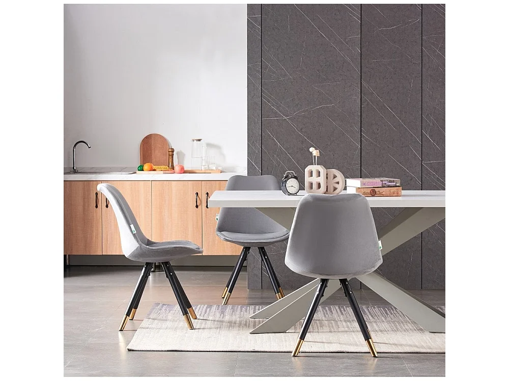 SOFIA DUKE - Ensemble Table à Manger Blanche + 6 Chaises en Velours Gris Clair