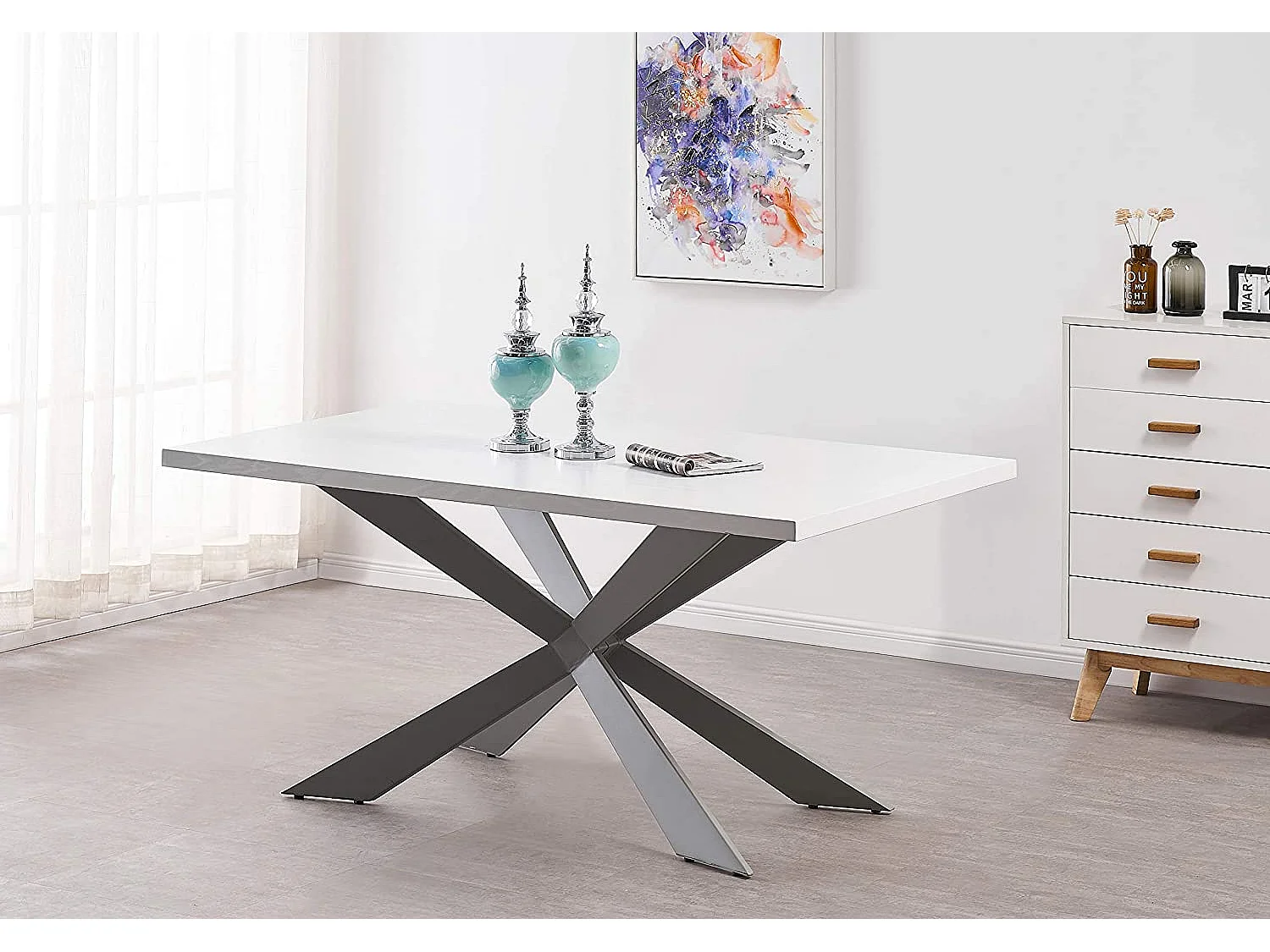 SOFIA DUKE - Ensemble Table à Manger Blanche + 6 Chaises en Velours Gris Clair