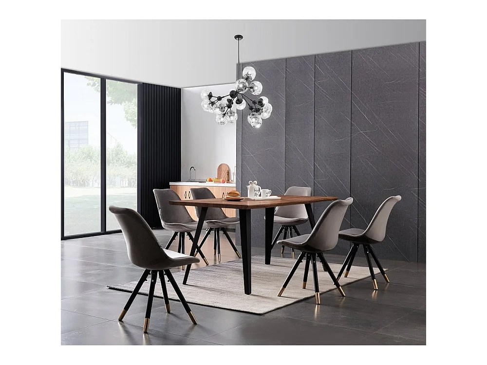 SOFIA ROCCO - Ensemble Table à Manger Coloris Chêne + 6 Chaises en Velours Gris Foncé