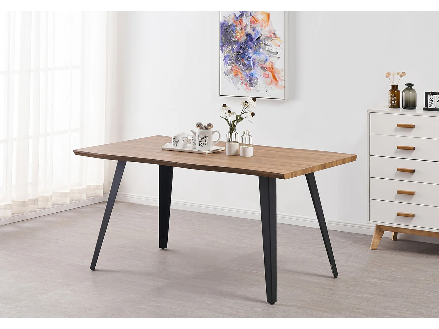 SOFIA ROCCO - Ensemble Table à Manger Coloris Chêne + 6 Chaises en Velours Gris Foncé
