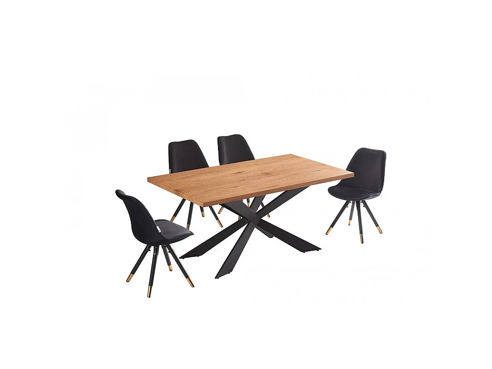 SOFIA DUKE - Ensemble Table à Manger Coloris Chêne + 4 Chaises en Velours Noir
