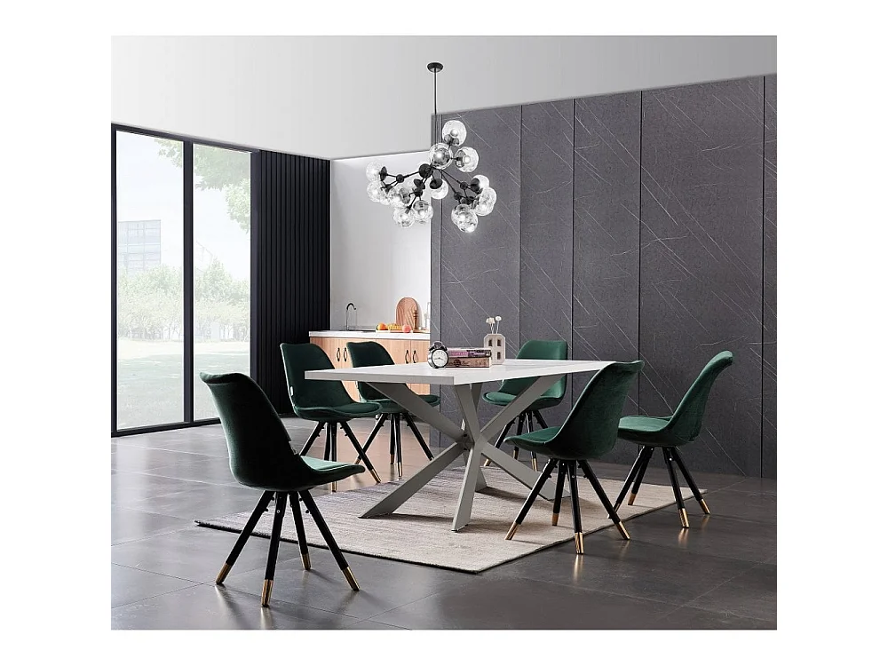SOFIA DUKE - Ensemble Table à Manger Blanche + 6 Chaises en Velours Vert