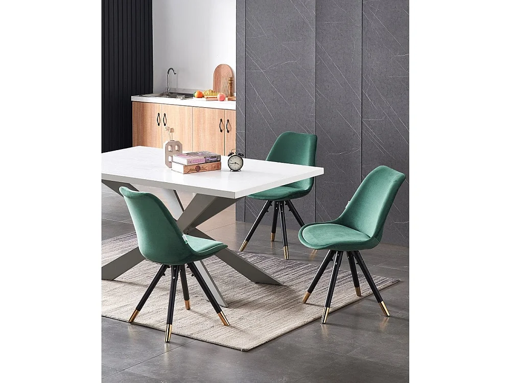 SOFIA DUKE - Ensemble Table à Manger Blanche + 6 Chaises en Velours Vert