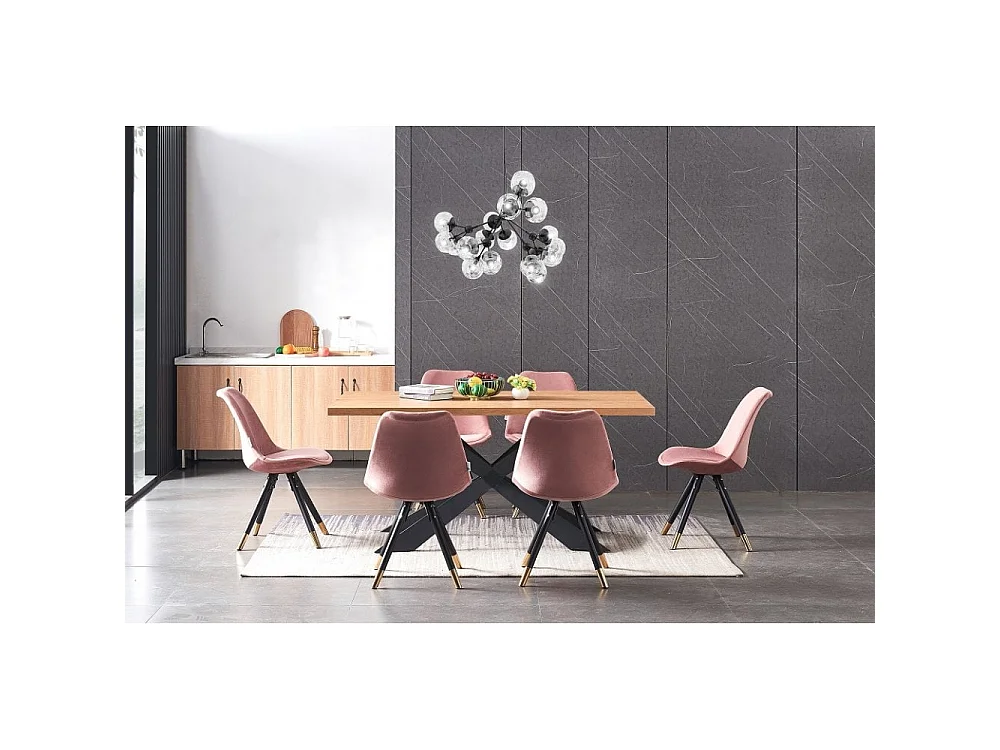 SOFIA DUKE - Ensemble Table à Manger Coloris Chêne + 6 Chaises en Velours Rose