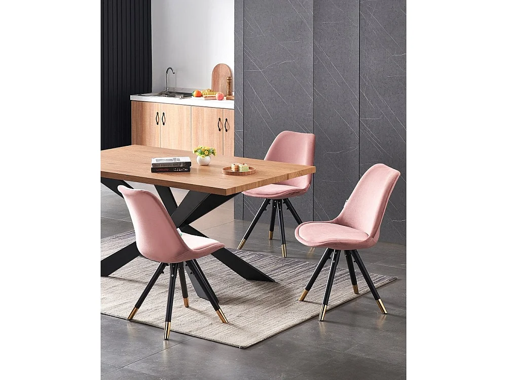 SOFIA DUKE - Ensemble Table à Manger Coloris Chêne + 6 Chaises en Velours Rose