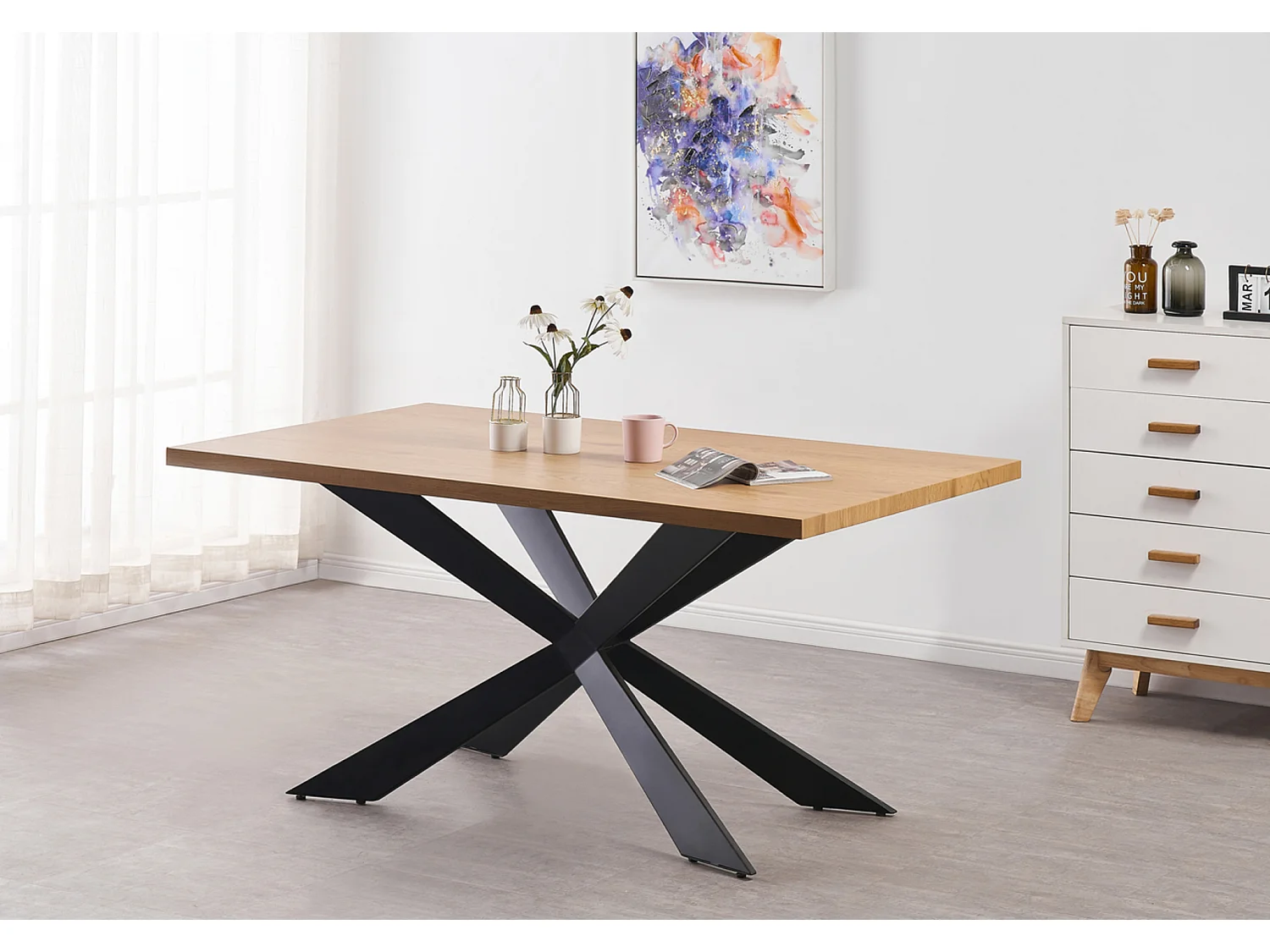 SOFIA DUKE - Ensemble Table à Manger Coloris Chêne + 6 Chaises en Velours Rose