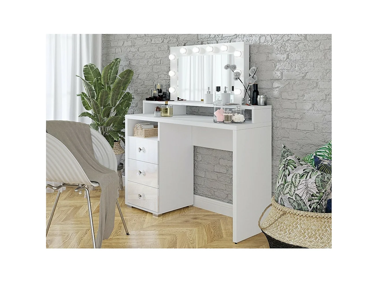 Coiffeuse design avec éclairage intégré collection VERSAILLES coloris blanc finitions brillantes