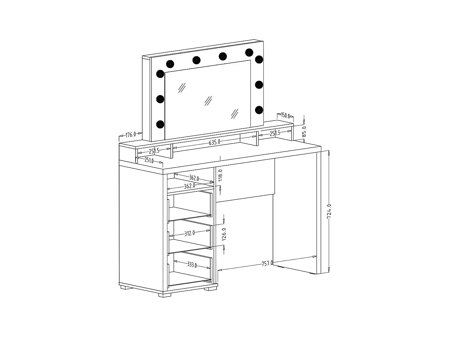 Coiffeuse design avec éclairage intégré collection VERSAILLES coloris blanc finitions brillantes