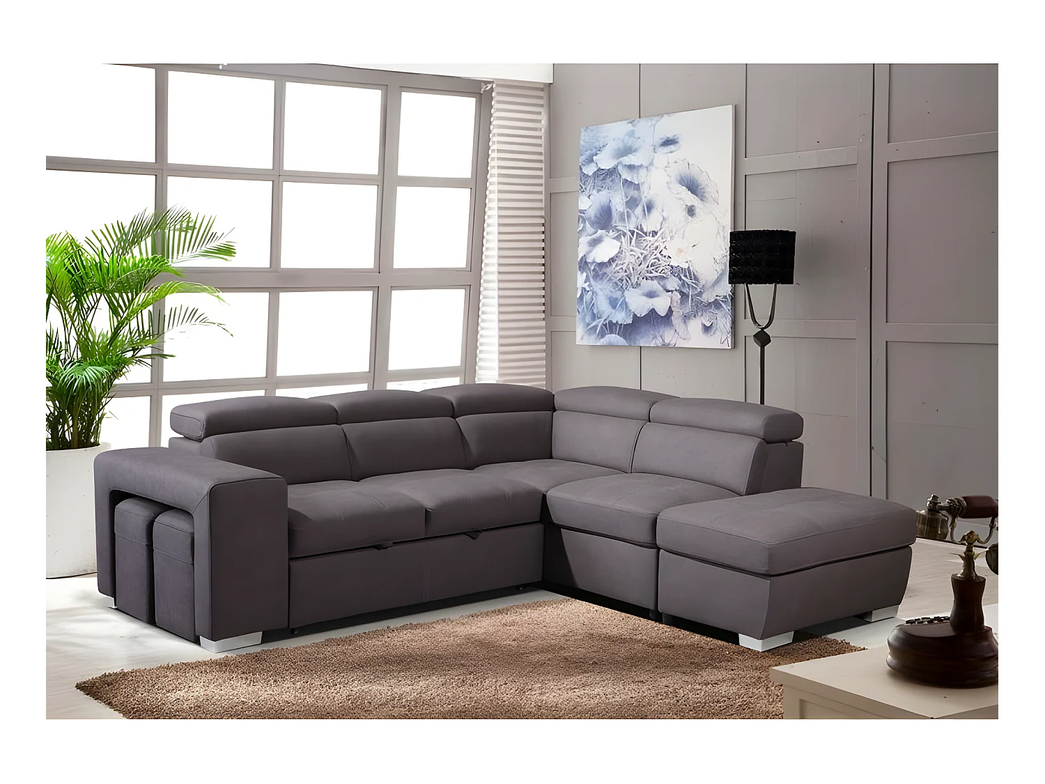 Canapé d'angle droit convertible en tissu taupe avec 2 poufs - VEGAS