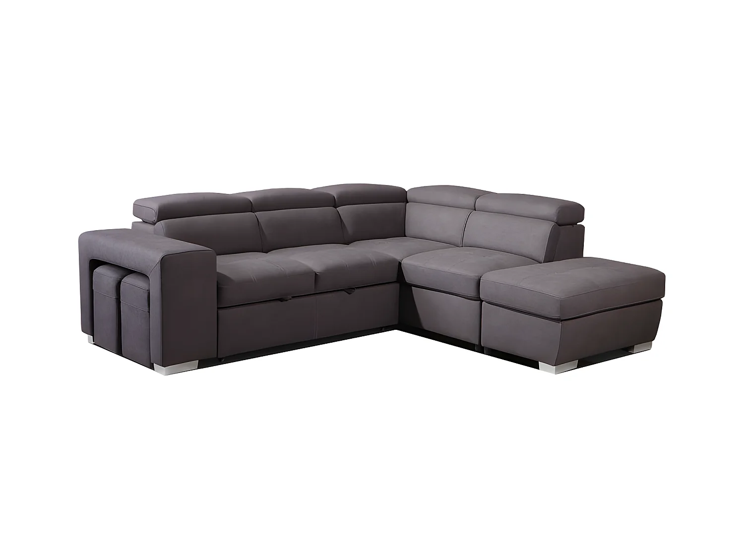 Canapé d'angle droit convertible en tissu taupe avec 2 poufs - VEGAS