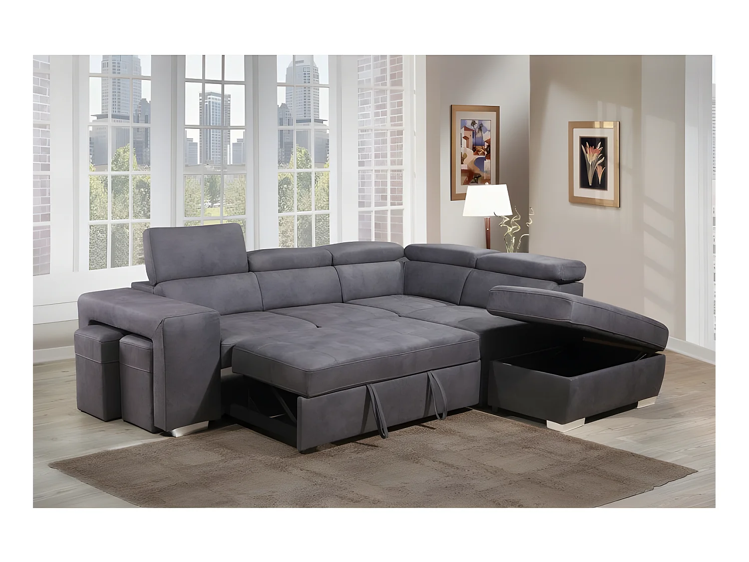 Canapé d'angle droit convertible en tissu taupe avec 2 poufs - VEGAS