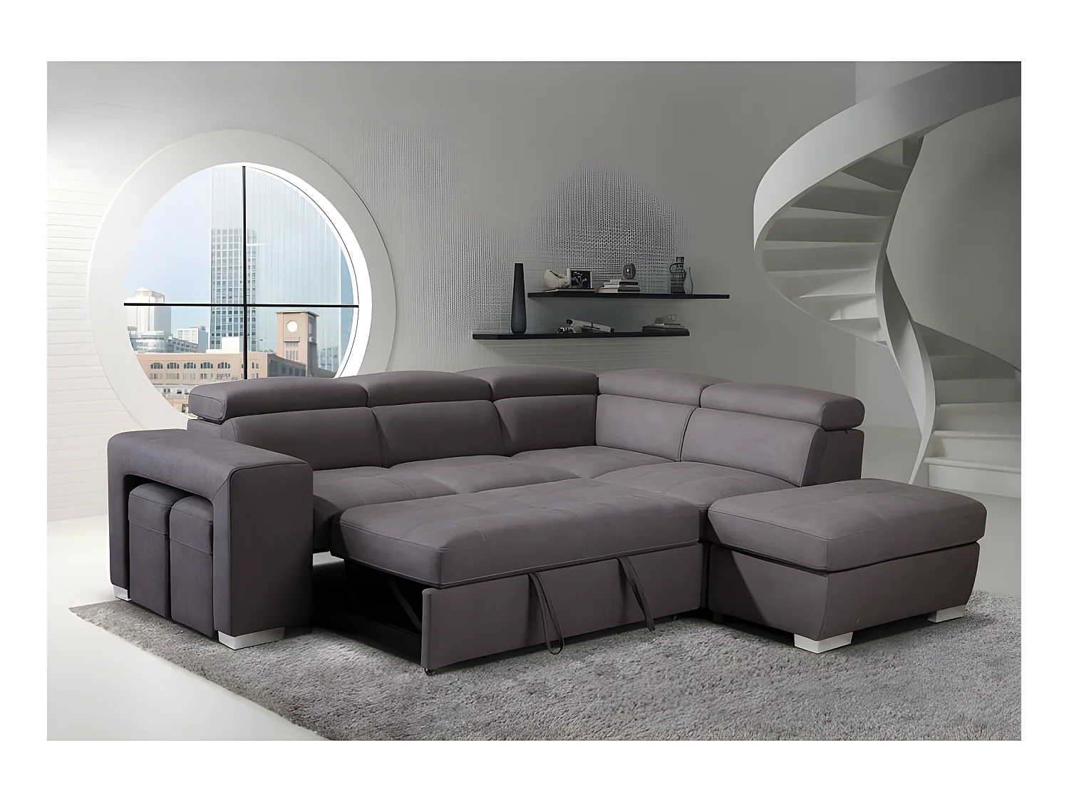 Canapé d'angle droit convertible en tissu taupe avec 2 poufs - VEGAS