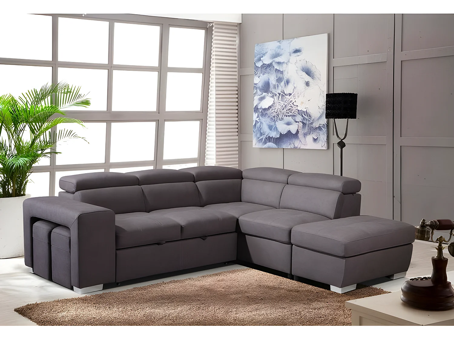 Canapé d'angle droit convertible en tissu taupe avec 2 poufs - VEGAS