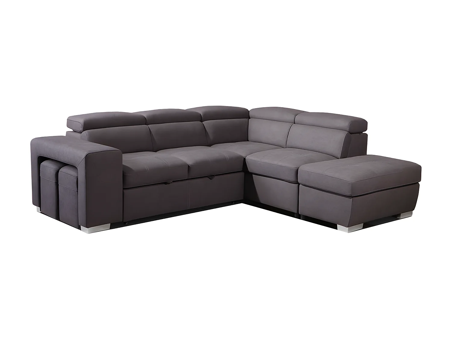 Canapé d'angle droit convertible en tissu taupe avec 2 poufs - VEGAS