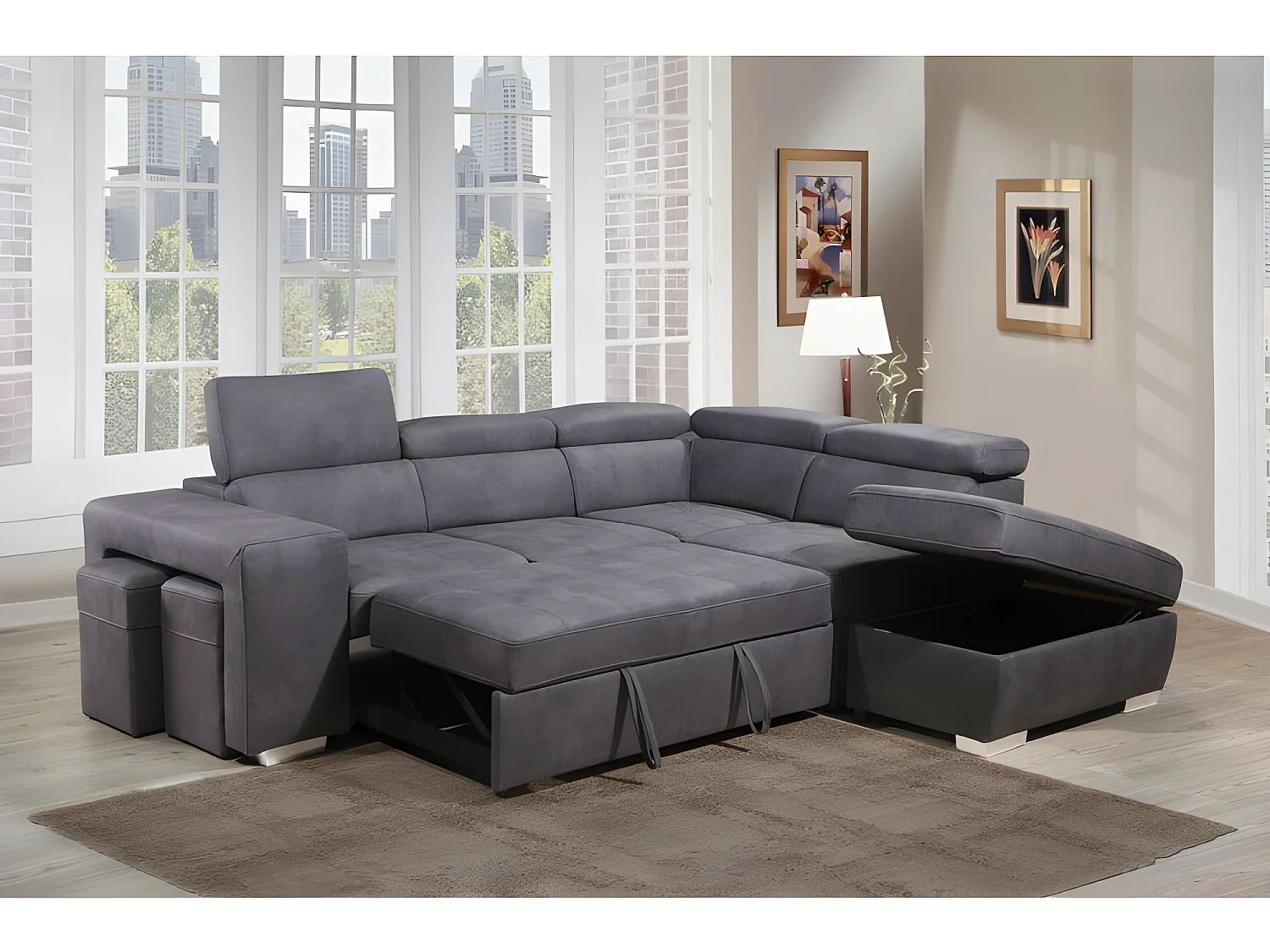Canapé d'angle droit convertible en tissu taupe avec 2 poufs - VEGAS