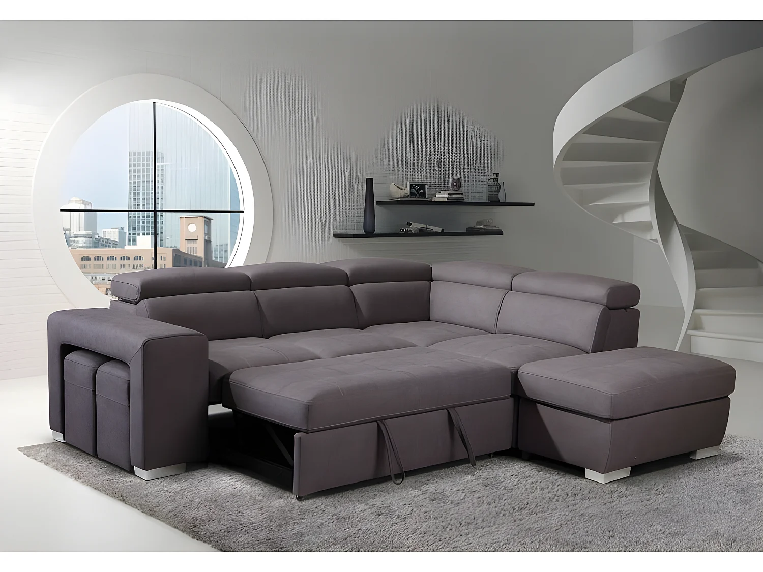 Canapé d'angle droit convertible en tissu taupe avec 2 poufs - VEGAS