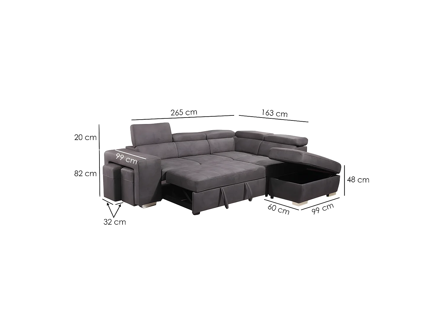 Canapé d'angle droit convertible en tissu taupe avec 2 poufs - VEGAS