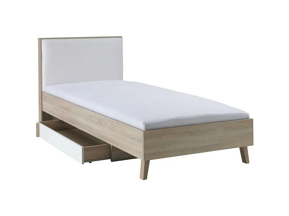 Kinderbed 90x200 met opberglade MALMO - Kleur licht eiken en wit