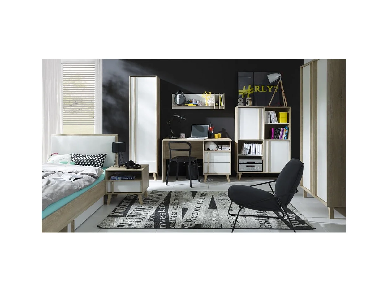 Kinderbed 90x200 met opberglade MALMO - Kleur licht eiken en wit