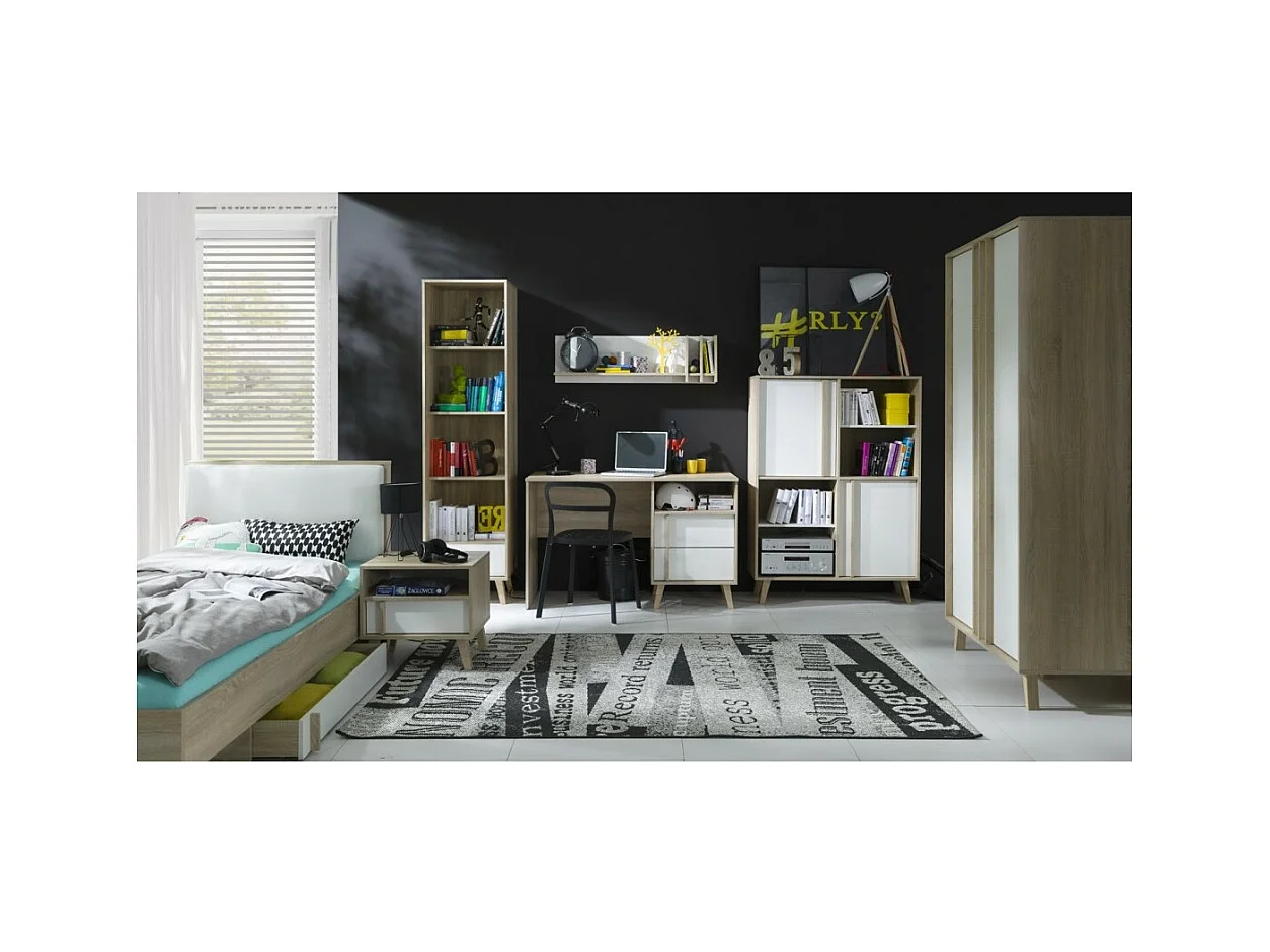 Kinderbed 90x200 met opberglade MALMO - Kleur licht eiken en wit