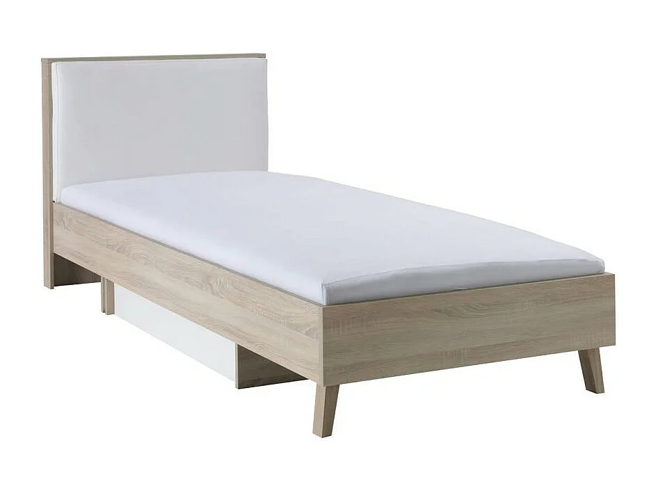 Letto per bambini 90x200 con cassetto portaoggetti MALMO - Colori rovere chiaro e bianco
