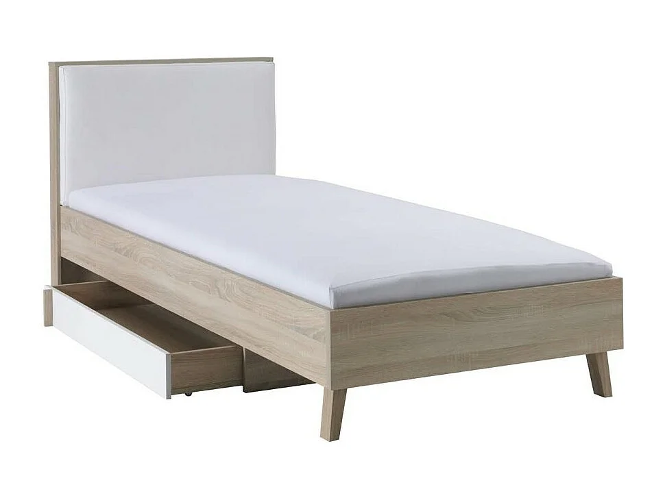 Letto per bambini 90x200 con cassetto portaoggetti MALMO - Colori rovere chiaro e bianco