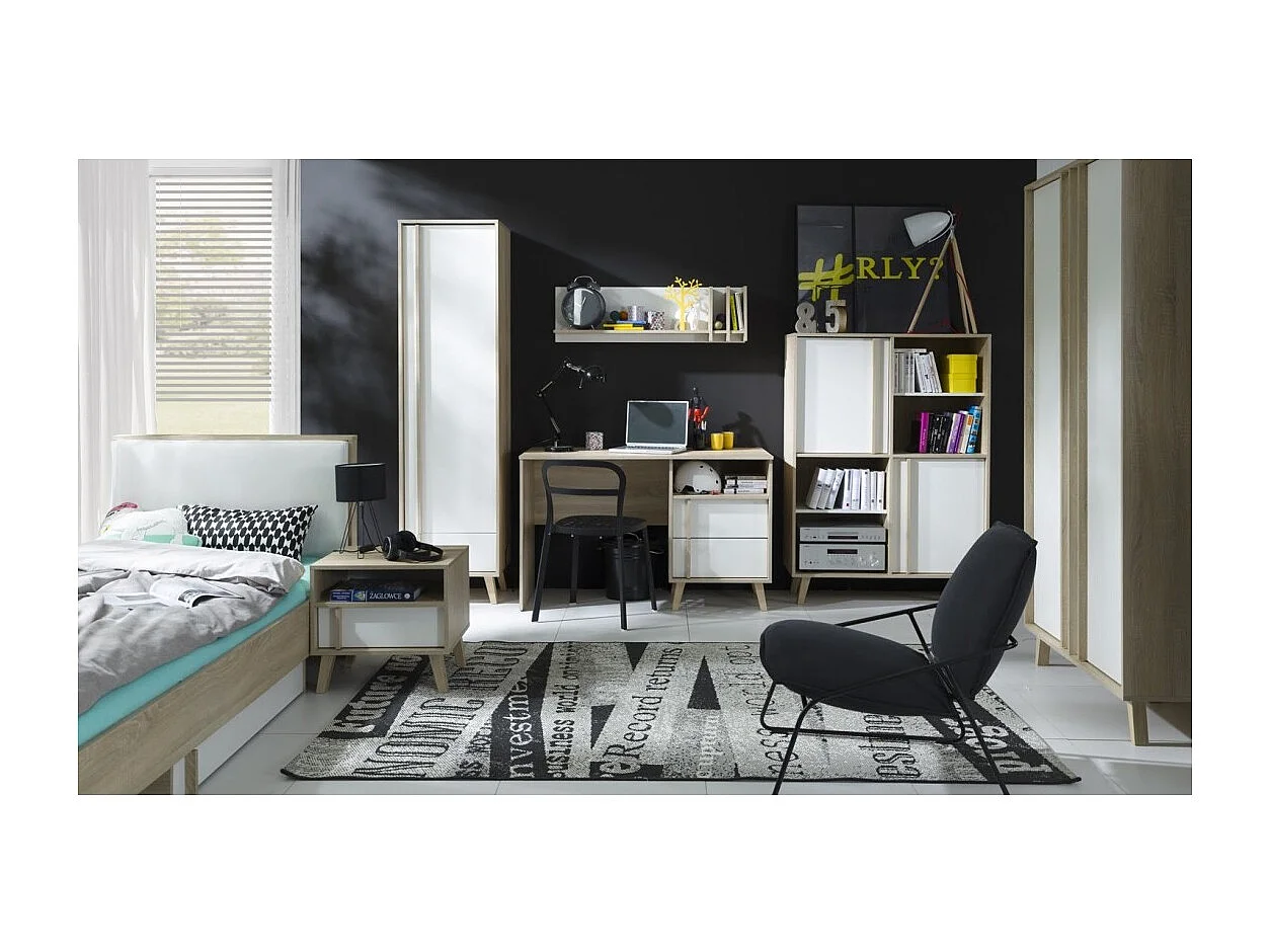 Letto per bambini 90x200 con cassetto portaoggetti MALMO - Colori rovere chiaro e bianco