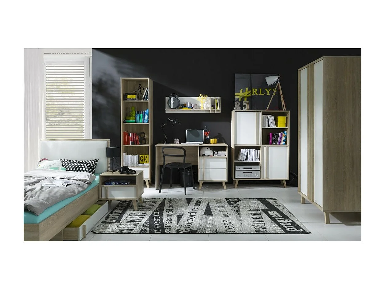 Letto per bambini 90x200 con cassetto portaoggetti MALMO - Colori rovere chiaro e bianco