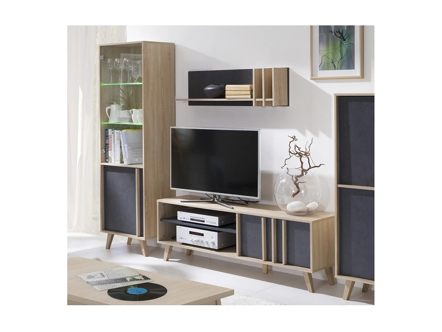 Wandrek MALMO 100 cm in lichte eikenkleur en betongrijs