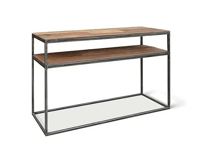 Console salon GOA – Bois massif exotique et métal noir – 2 tablettes