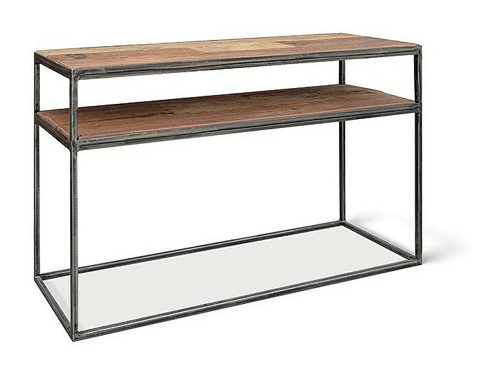 Console salon GOA – Bois massif exotique et métal noir – 2 tablettes