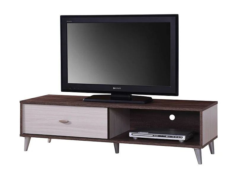 Móvel para TV BODRUM 120 cm com uma porta de correr nas cores nogueira e branco.
