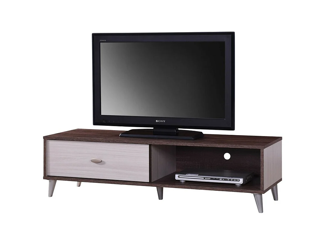 Móvel para TV BODRUM 120 cm com uma porta de correr nas cores nogueira e branco.