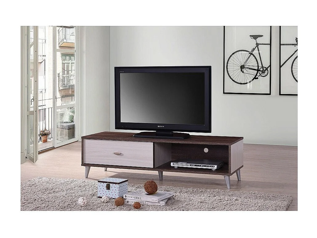 Meuble TV BODRUM 120 cm avec une porte coulissante coloris noyer et blanc.